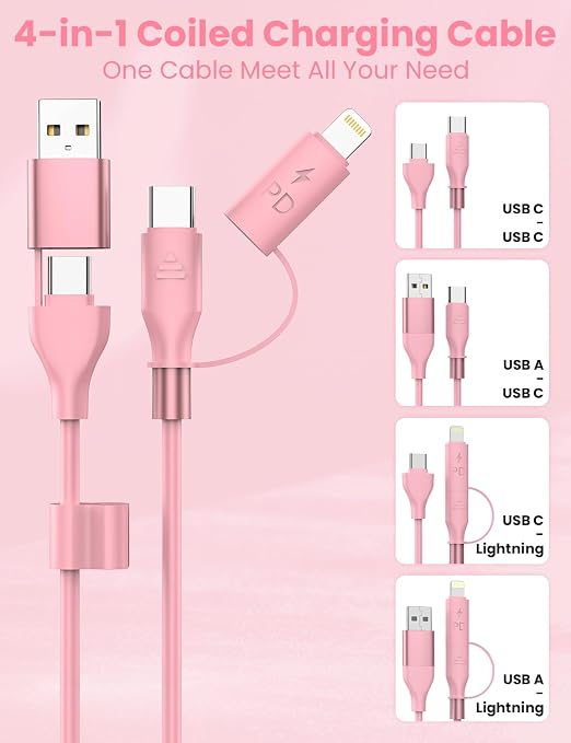 Coiled USB-C and Lightning Cable 2-in-1, 3FT Pink iPhone 15 16 Car Charger Cord - Image 2