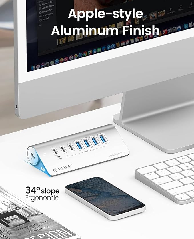 ORICO 7 Port USB Hub 10Gbps, Aluminum USB 3.2 Gen 2 Hub, 6 USB 3.2 Data Ports - Image 5