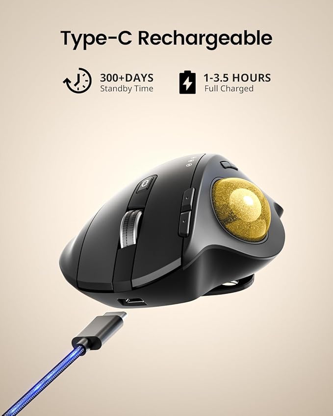 ProtoArc Wireless Trackball Mouse, EM01 NL Ergonomic Bluetooth Rollerball Thumb - Image 7