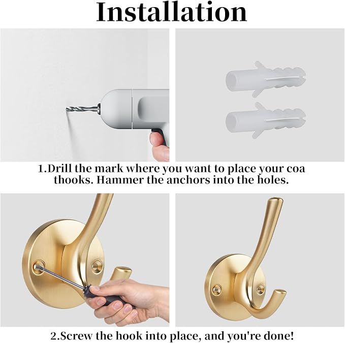 4 Packs Gold Coat Hooks, Decorative Towel Hooks, Heavy Duty Double Prong Wall - Image 7