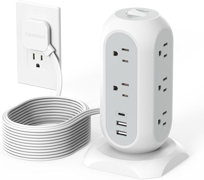 15 ft Extension Cord Tower Power Strip, 11 Outlets 3 USB Chargers, TESSAN Surge by TESSAN