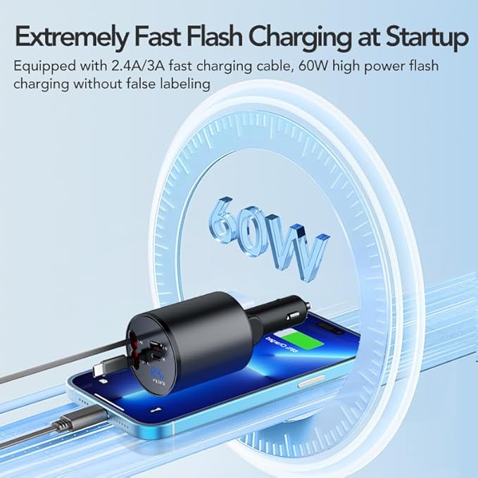 Retractable Car Charger, 4 in 1 Super Fast Car Phone Charger 60W, 2 Retractable - Image 6