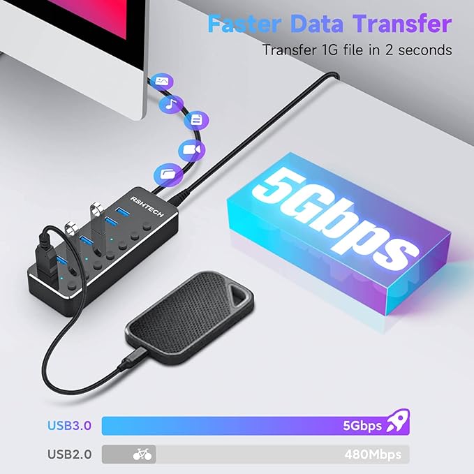 Powered UBS Hub, RSHTECH 7 Port USB 3.0/USB C Hub Upgraded Version Aluminum USB - Image 3
