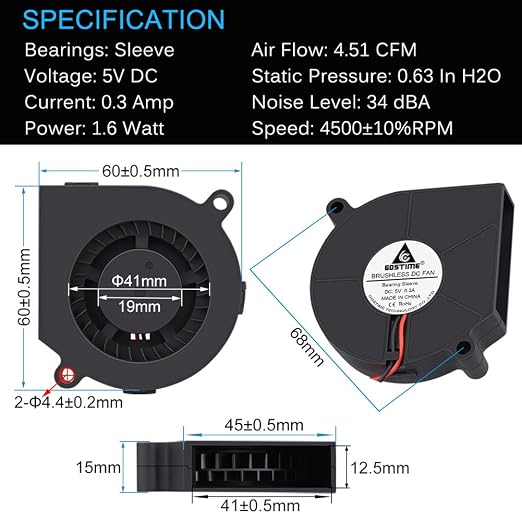 GDSTIME 5V USB Blower Fan 60mm, 60mm x 60mm x 15mm Brushless DC Cooling Blower - Image 2