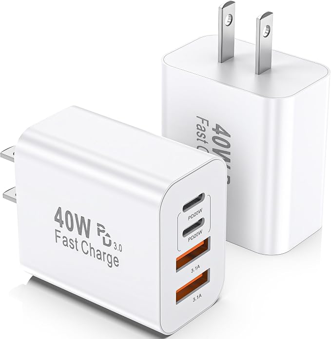 USB C Charger Block, 2 Pack 40W 4-Port iPhone Charger Fast Charging Multiport by WWBDirectly