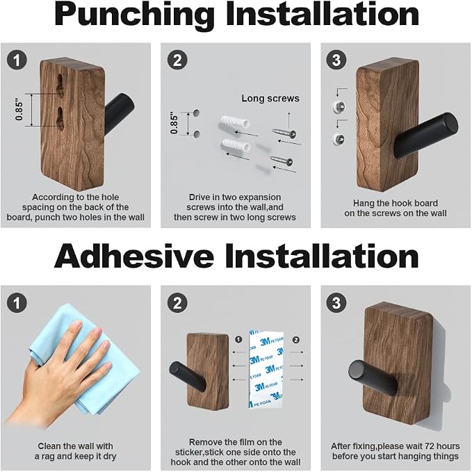 4 PCS Black Walnut Wood Wall Hooks, Adhesive Mounted & Wall Mounted Rustic - Image 5
