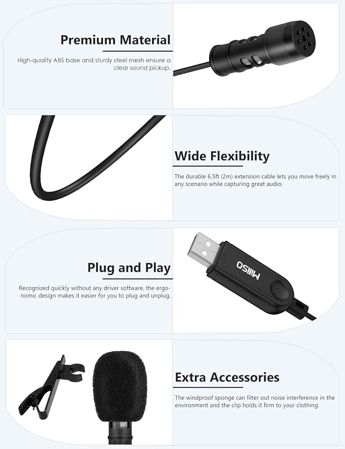 MillSO USB PC Microphone Plug & Play USB Lavalier Microphone Omnidirectional - Image 8