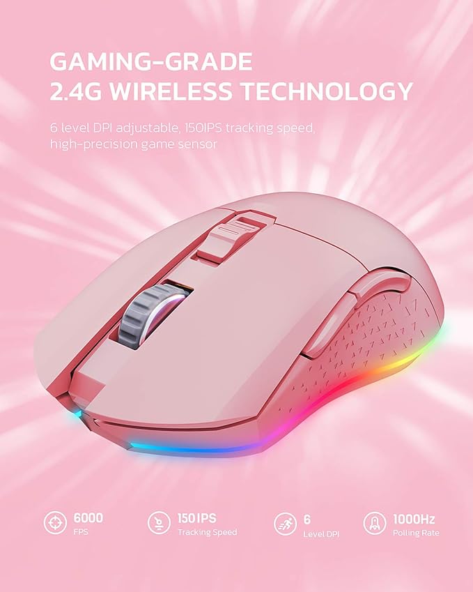 DAREU Pink Wireless Wired Gaming Mouse Dual-Mode Rechargeable 7 Programmable - Image 5