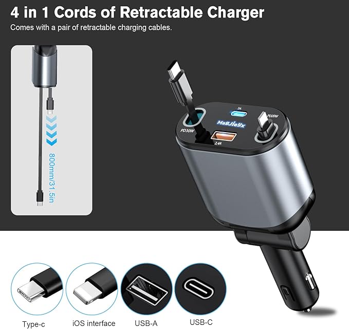 4 in 1 Retractable Car Charger, USB C Fast Charging Adapter - Image 3