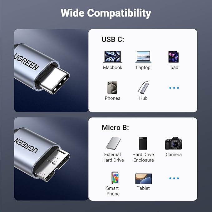UGREEN 10 Gbps Micro B to USB C Hard Drive Cables, 10FT USB C to Micro B - Image 6