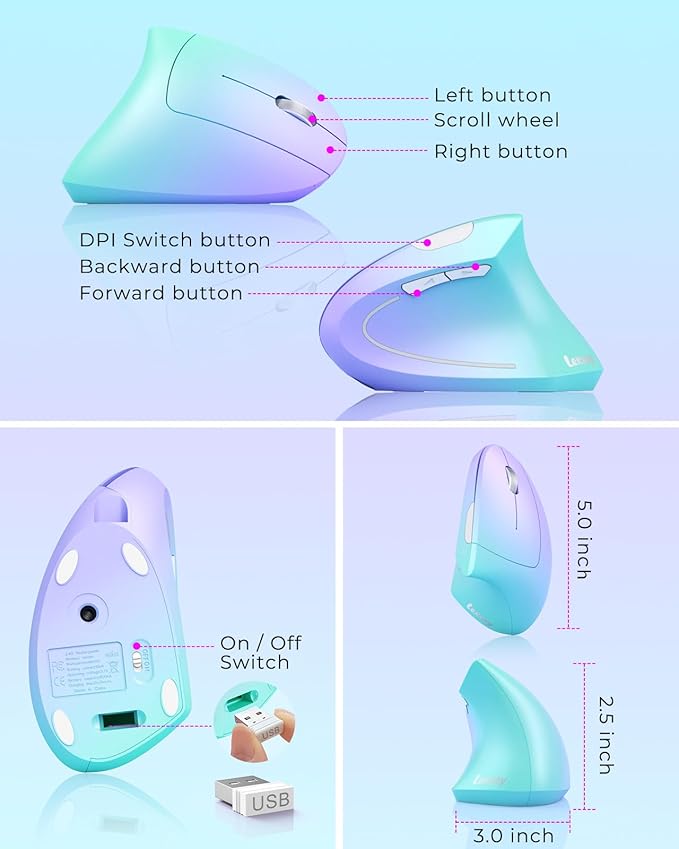 Lekvey Ergonomic Mouse, Vertical Wireless Mouse, Rechargeable 2.4G Optical - Image 6