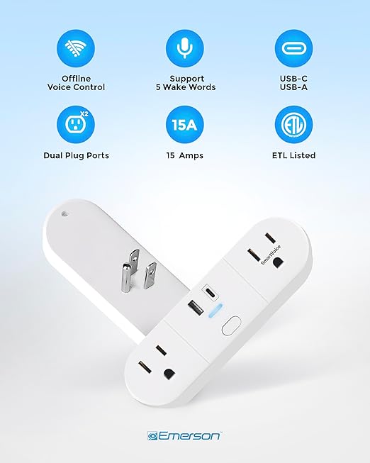 Emerson SmartVoice 4-in-1 Wall Plug, Voice Control Smart Outlet w/ 2 AC - Image 7