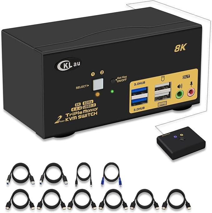 CKLau 2 Port USB 3.0 Triple Monitor KVM Switch HDMI 2.1 8K@60Hz 4K@144Hz by CKLAUTECHNOLOGIESINC