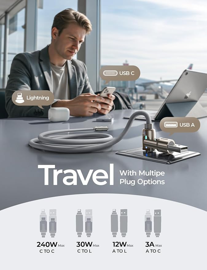 LISEN USB C to Lightning Cable, 240W 4 in 1 Charging Cable 6.6FT, Chubby USB - Image 3