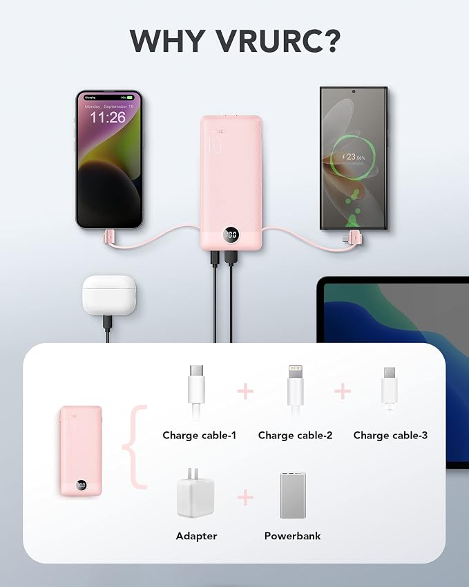 VRURC Portable Charger Built-in Cables and AC Wall Plug, USB C Power Bank - Image 4
