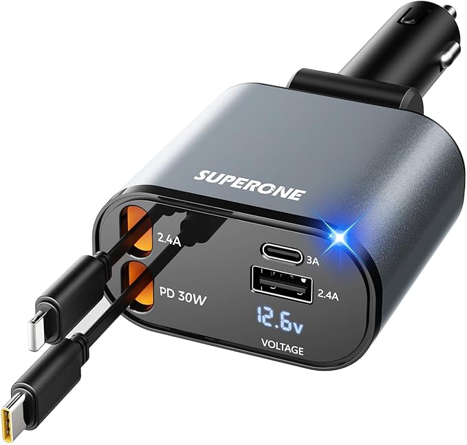 【Upgraded】 SUPERONE Retractable Car Charger 4 in 1, Fast Car Phone Charger by SUPERONE