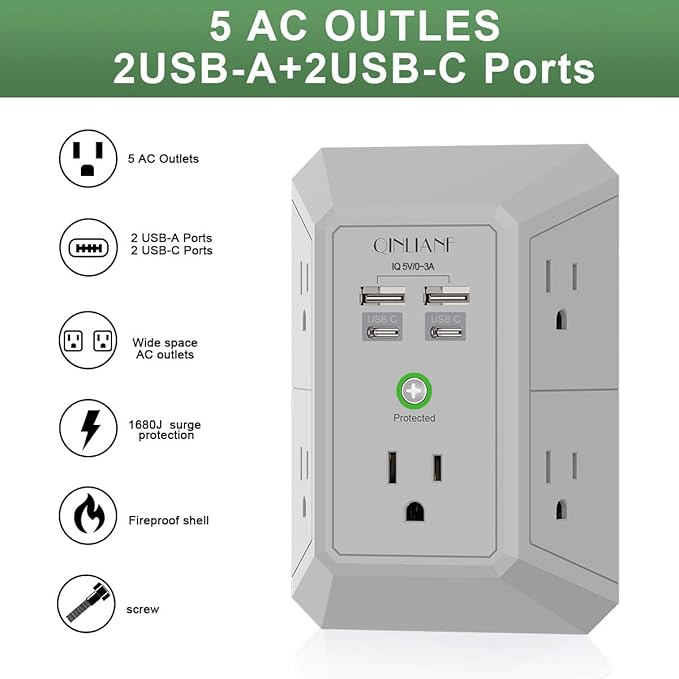 USB Wall Charger, Surge Protector, QINLIANF 5 Outlet Extender - Image 2