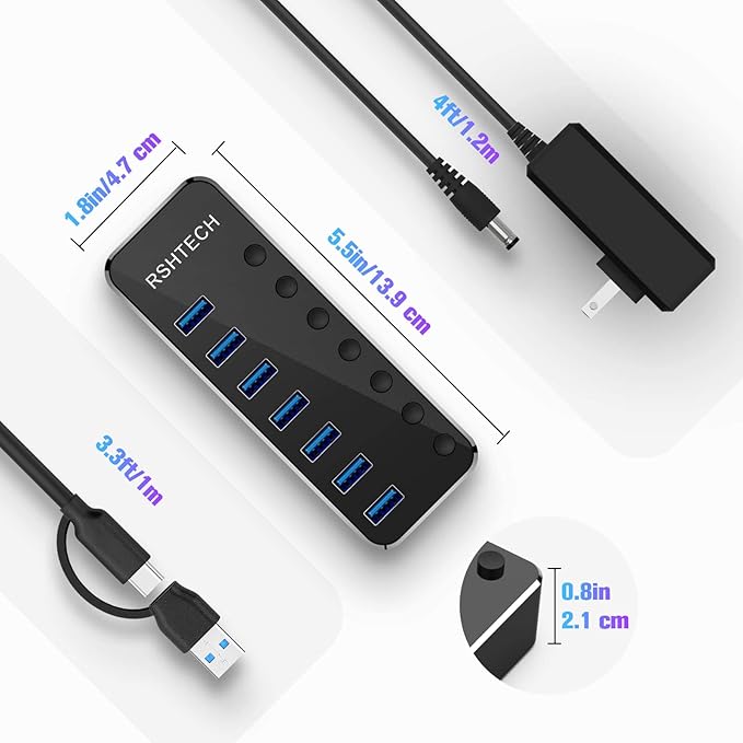 Powered UBS Hub, RSHTECH 7 Port USB 3.0/USB C Hub Upgraded Version Aluminum USB - Image 6