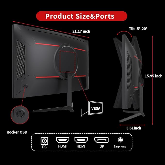 KTC 24 inch 1500R Curved Gaming Monitor 165Hz 1ms FHD 1080p VA Tilt Adaptive - Image 4