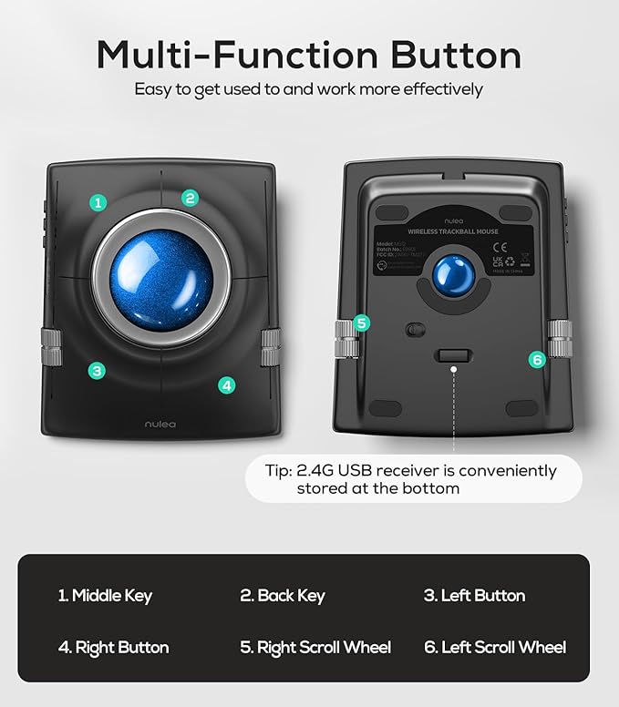 Nulea M512 Wireless Trackball Mouse, Ergonomic 55mm Trackball, 4 Level - Image 8