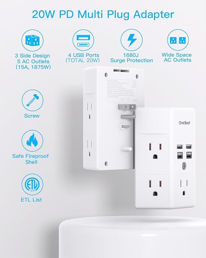 One Beat Surge Protector Wall Outlet Extender, 5 Outlets & 4 USB Ports - Image 3