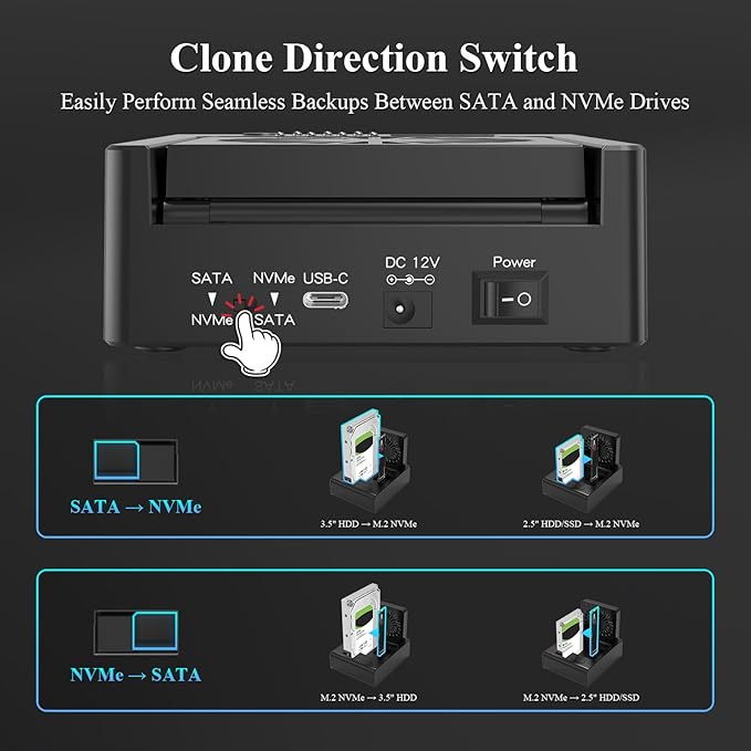 M.2 NVMe & SATA HDD Docking Station, 10Gbps USB3.2 Gen2 SSD Cloner - Image 3