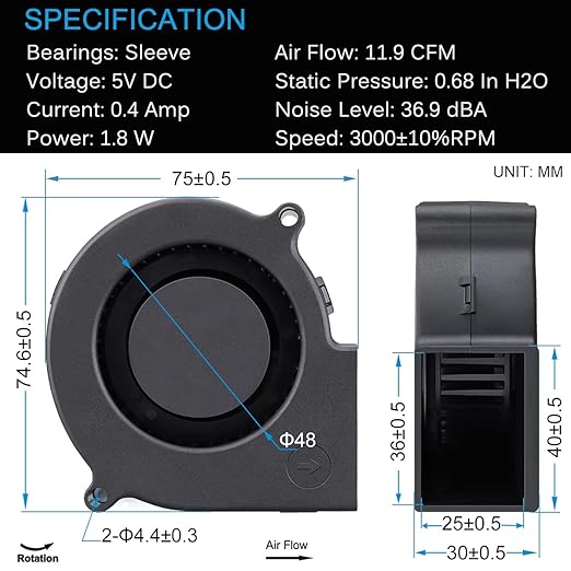 GDSTIME 7530 75mm x 75mm x 30mm 5V USB Blower Brushless Cooling Fan - Image 7