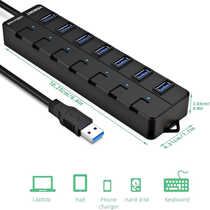 USB hub, 7 Port USB 3.0 Hub, VEMONT USB Splitter - Image 7