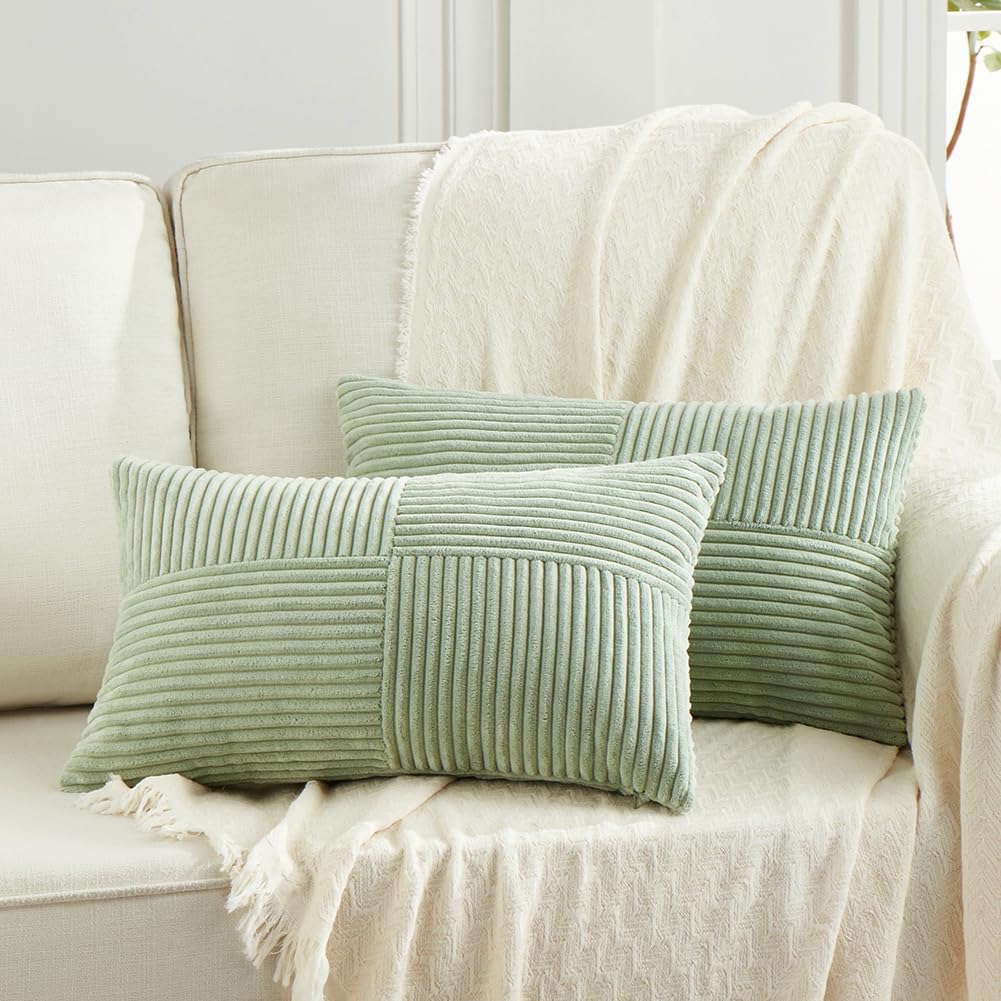 Fancy Homi 2 Packs Sage Green Lumbar Decorative Throw Pillow Covers 12x20 Inch for Living Room Couch Bed, Rustic Farmhouse Boho Home Decor, Soft Striped Corduroy Rectangle Accent Cushion Case 30x50 cm