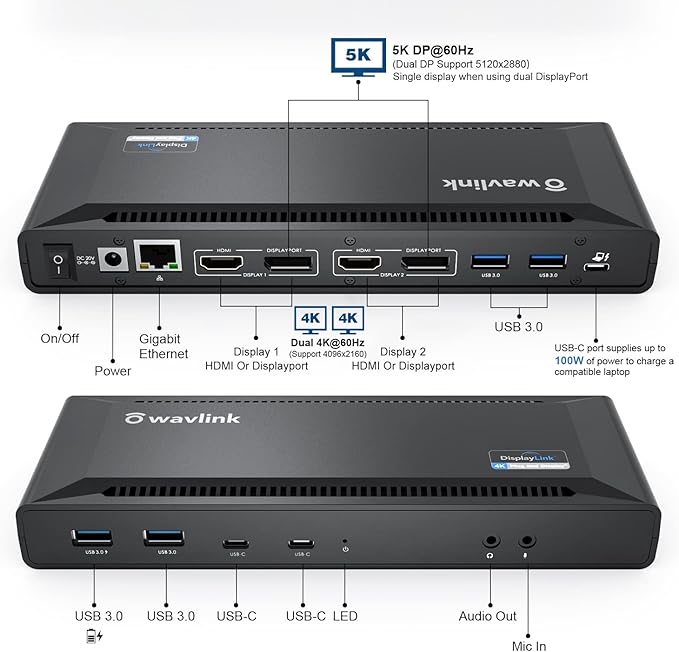 WAVLINK DisplayLink Laptop Docking Station Dual 4K@60Hz, 100W PD Charging - Image 2