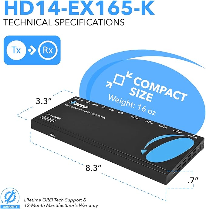 OREI 4K 1x4 HDMI Extender Splitter Over CAT6/7 Ethernet Cable Up to 4K@30Hz - Image 5