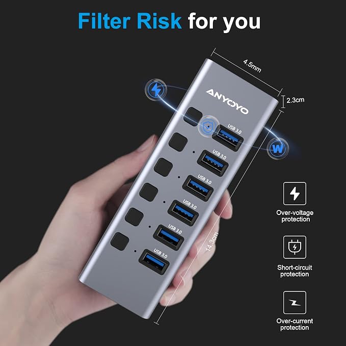 Powered USB Hub with TF/SD Card Reader, 8-Port USB 3.0 Hub with 6 USB 3.0 Data - Image 6