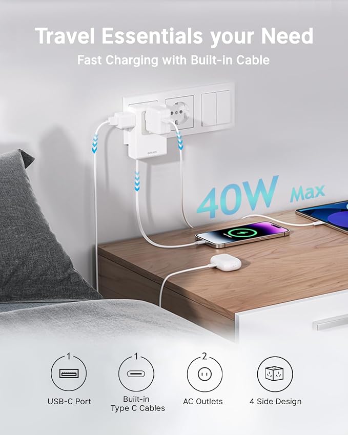 Flat USB C Wall Charger with 31.5in Retractable Type-C Cable, 5-in-1 Slim Wall - Image 2