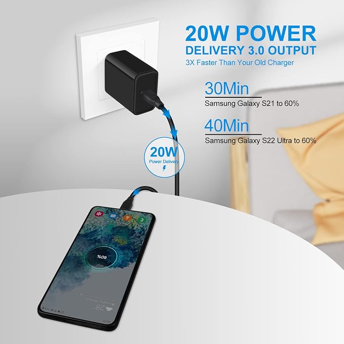 Samsung S25 A16 5G Fast Charger Type C, 20W USB C Charger Block & 9FT Long USB - Image 3