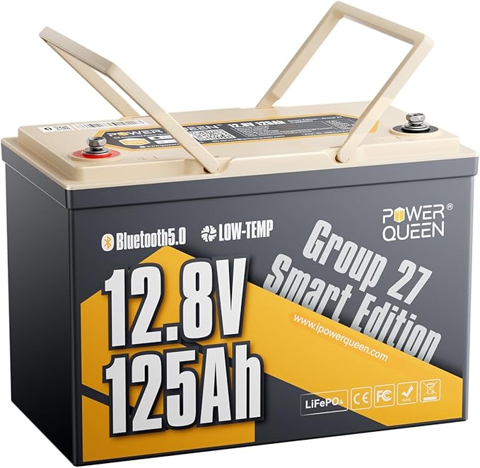 Power Queen 12V 125Ah Group 27 Bluetooth LiFePO4 Battery, 1600Wh Energy Lithium by PowerQueen