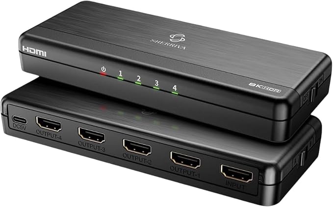 8K HDMI Splitter 1 in 4 Out, 1x4 Duplicate/Mirror Screens, HDMI 2.1, Auto by SHERRIVA
