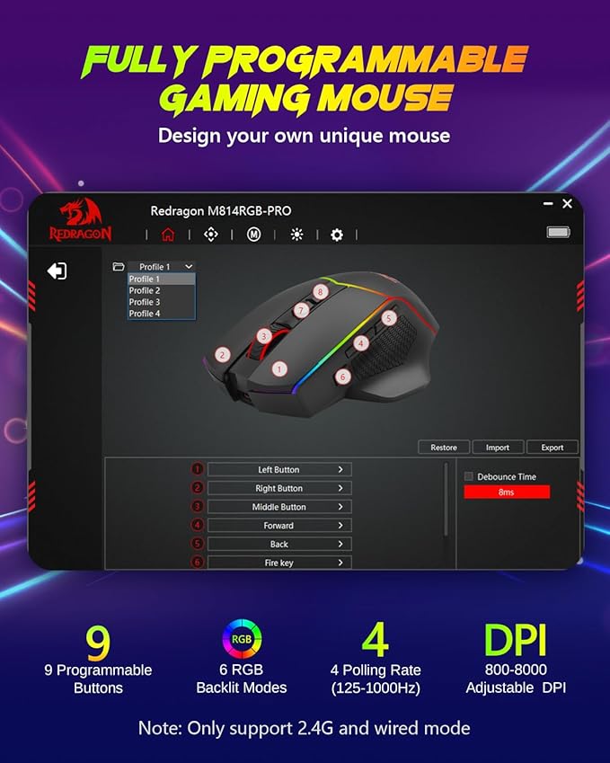 Redragon Wireless Gaming Mouse, Tri-Mode 2.4G/USB-C/Bluetooth Ergonomic Mouse - Image 5