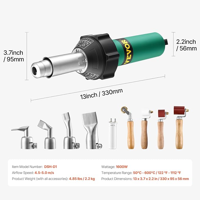 VEVOR Hot Air Plastic Welder, 1600W Hot Air Torch Pistol, 122-1112℉ PVC TPO - Image 7