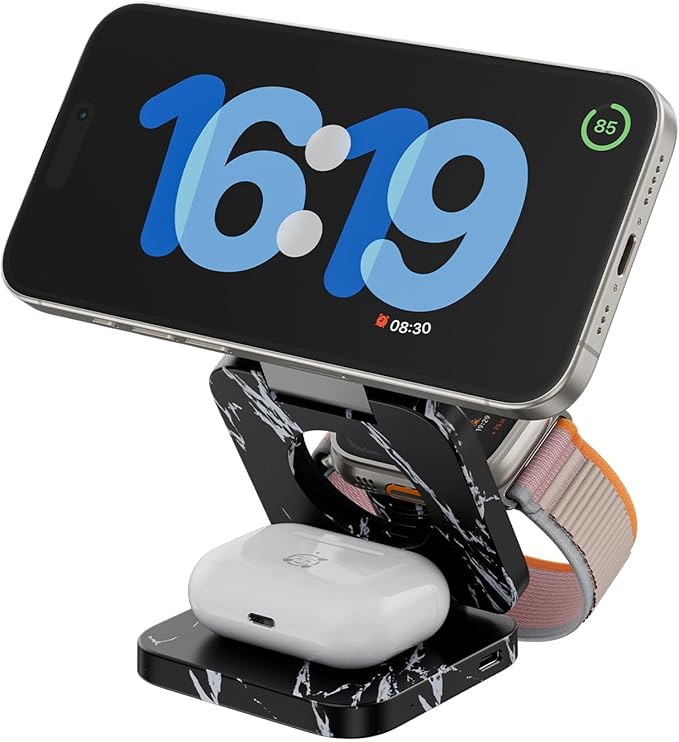 Fast Wireless Charger, Magnetic Foldable 3 in 1 Charging Station by KUXIU