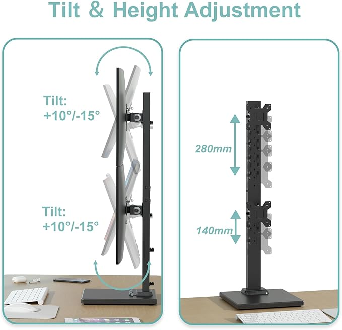 Suptek Dual Monitor Stand with Base Vertical Stack Screen Free-Standing Monitor - Image 3