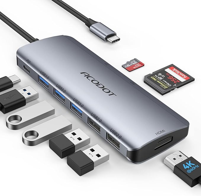 USB C Hub, Acodot 9 in 1 USB C to 4K@60HZ HDMI Multiport Adapter, 3 USB 3.0 by Acodot