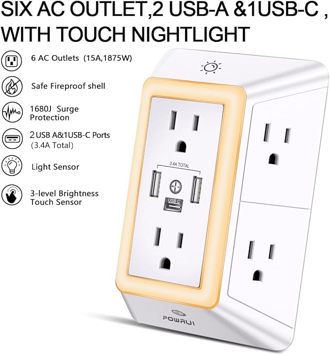 POWRUI Multi Plug 6 Outlet Surge Protector Extender - Image 2
