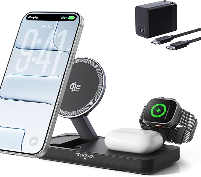 THREEKEY Qi2 25W MagSafe 3-in-1 Wireless Charging Station, MFI Certified by by THREEKEY