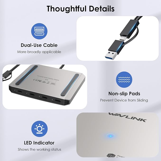 WAVLINK USB C to Quad HDMI 4K Adapter, Universal USB A to HDMI Docking Dual - Image 6