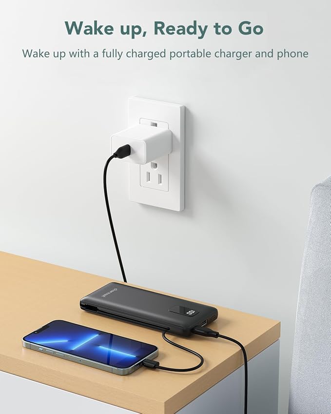 charmast Portable Charger with Built-in Cables & Wall Plug, 10000mAh Portable - Image 7