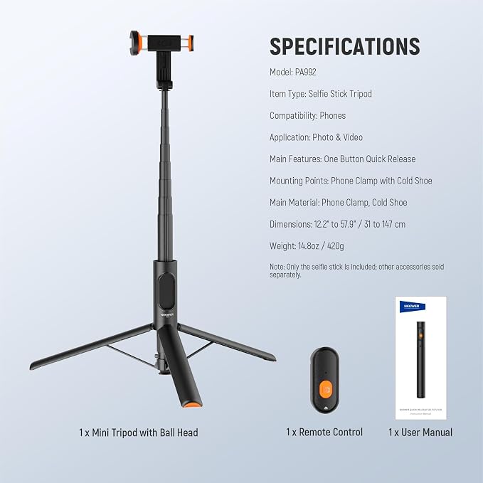 NEEWER 57.9" Selfie Stick Tripod Compatible - Image 8