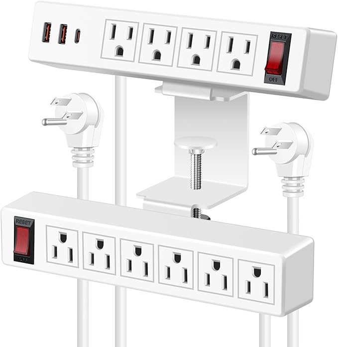 Desk Clamp Power Strip with PD20W USB-C, 2 in 1 Dual Layer Under Desk Power by VILONG