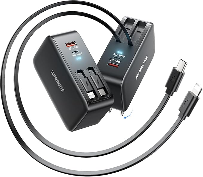 SUPERONE Retractable iPhone charger, 4-Port USB C Charger Block, iPhone by SUPERONE