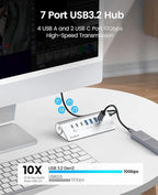 ORICO 7 Port USB Hub 10Gbps, Aluminum USB 3.2 Gen 2 Hub, 6 USB 3.2 Data Ports - Image 2