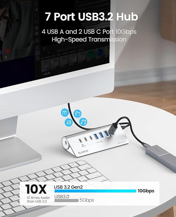 ORICO 7 Port USB Hub 10Gbps, Aluminum USB 3.2 Gen 2 Hub, 6 USB 3.2 Data Ports - Image 2